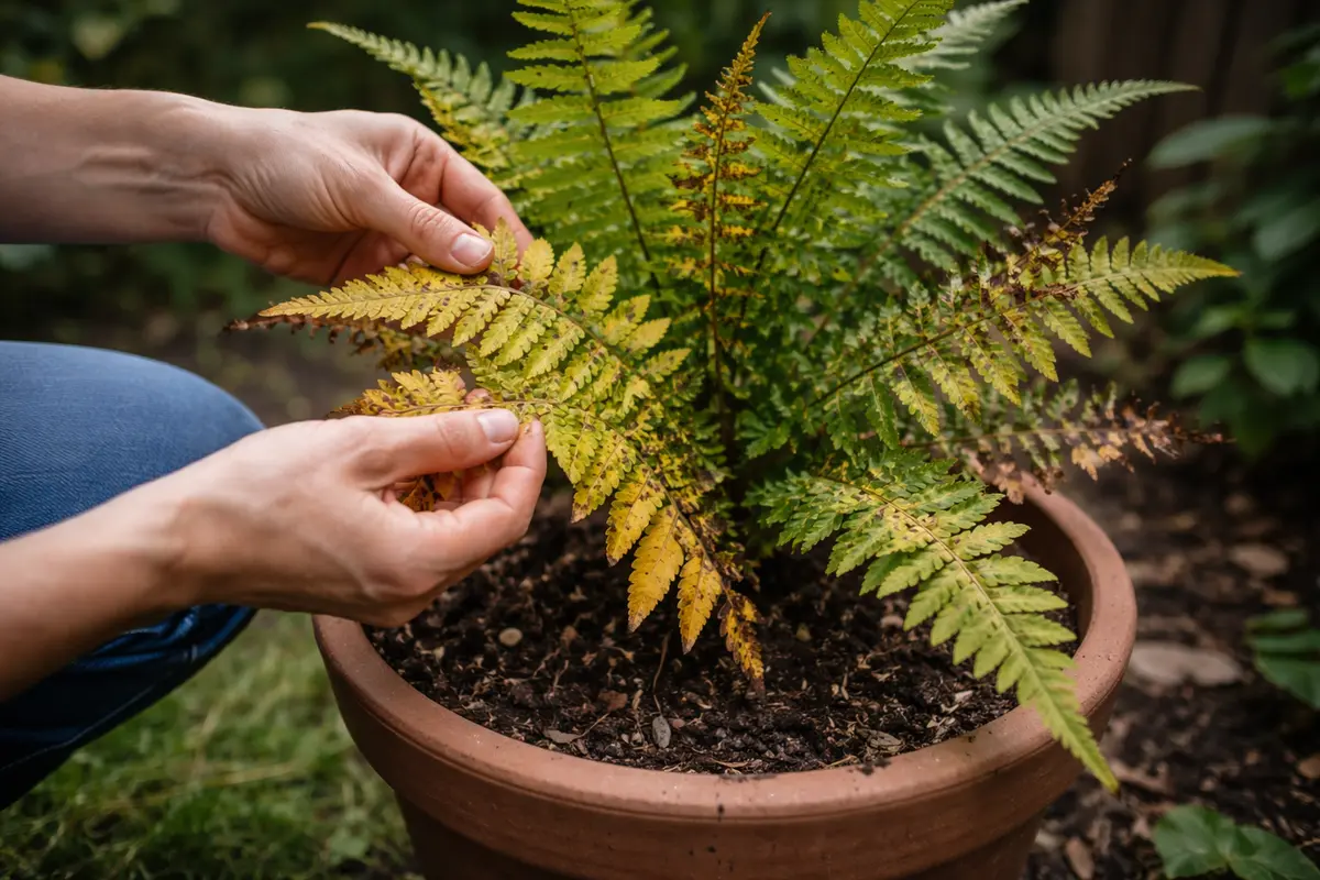 fixing yellowing leaves on potted fern with damaged foliage in outdoor soil