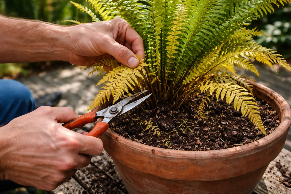 fixing yellowing leaves on potted fern after trim yellowing fern leaves promptly