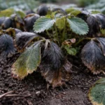 fixing yellowing leaves on strawberry plants with cold-damaged leaves in the garden