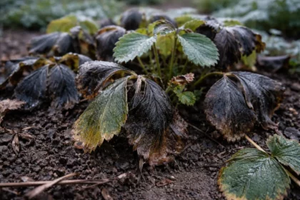 fixing yellowing leaves on strawberry plants with cold-damaged leaves in the garden