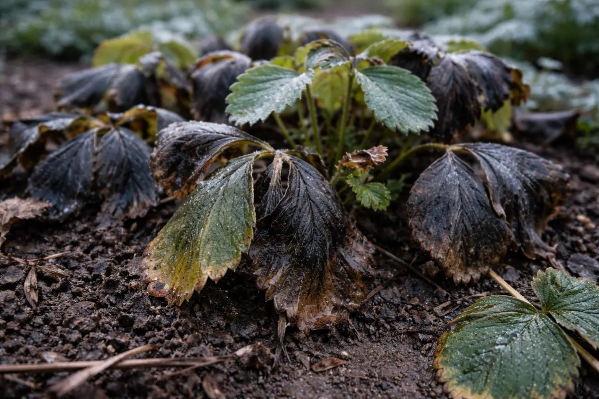 fixing yellowing leaves on strawberry plants with cold-damaged leaves in the garden