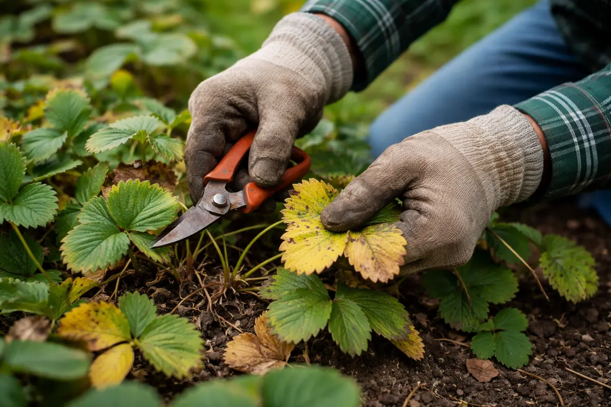 fixing yellowing leaves on strawberry plants after trim yellowing strawberry leaves immediately