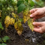 fixing yellowing leaves on tomato plants with damaged foliage in outdoor soil