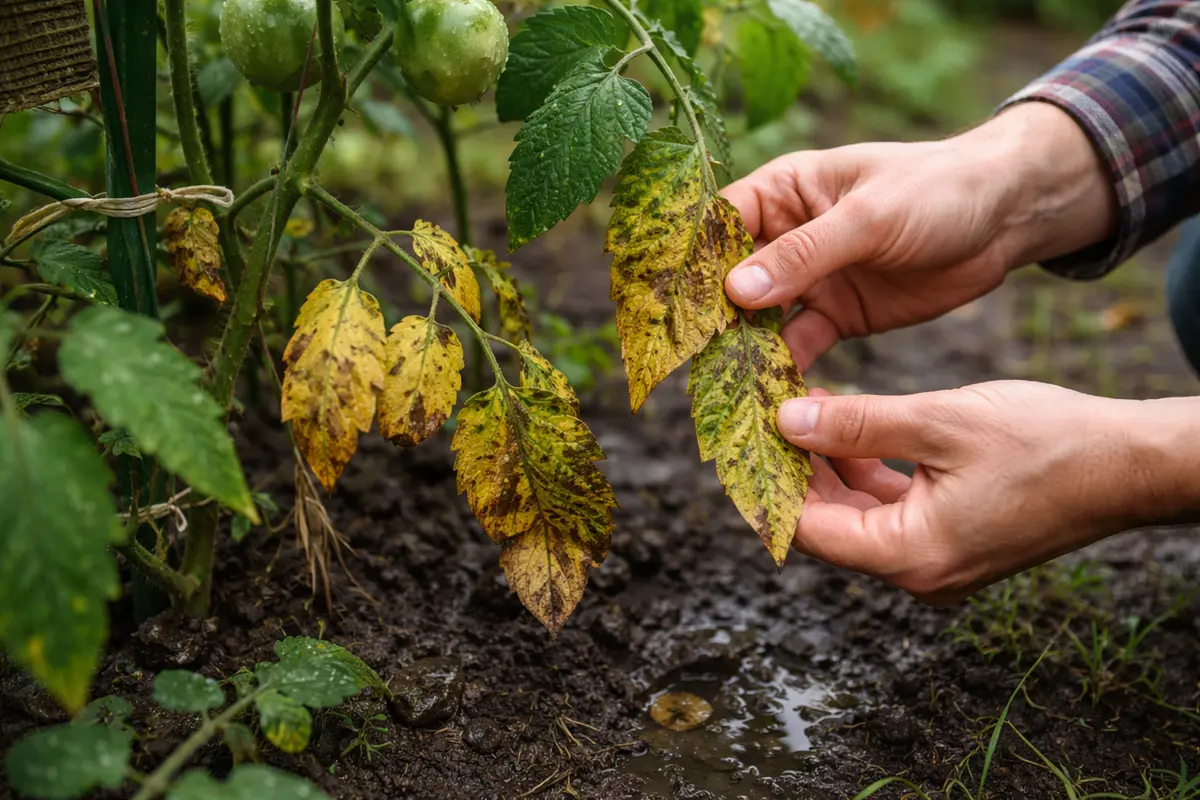 fixing yellowing leaves on tomato plants with damaged foliage in outdoor soil