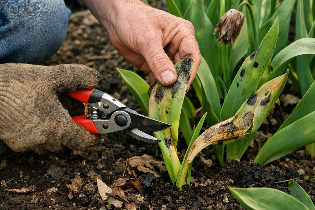 how to fix black spots on cut back damaged tulip leaves immediately