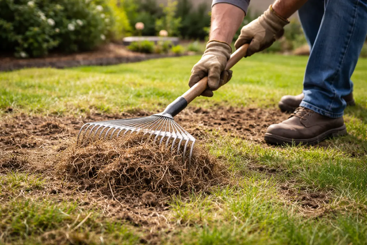 how to fix brown patches on rake up thatch from lawn patches