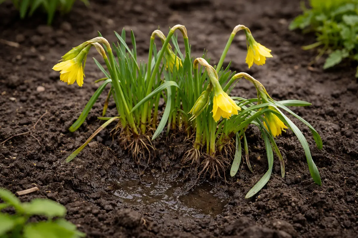 how to fix drooping daffodils after with weak seedlings in garden soil