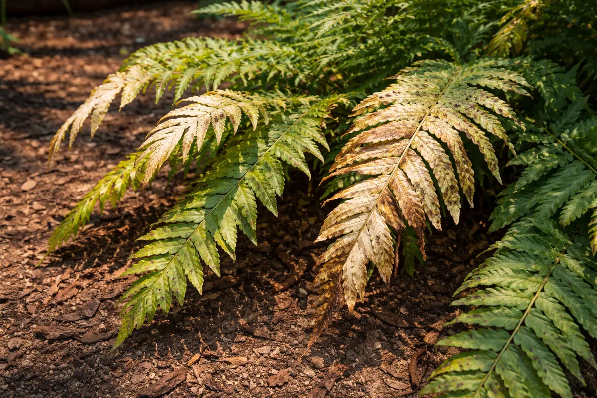 how to fix drooping ferns with scorched leaf edges in harsh sun