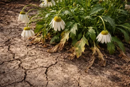 how to fix drooping flower with cracked dry soil around the plant