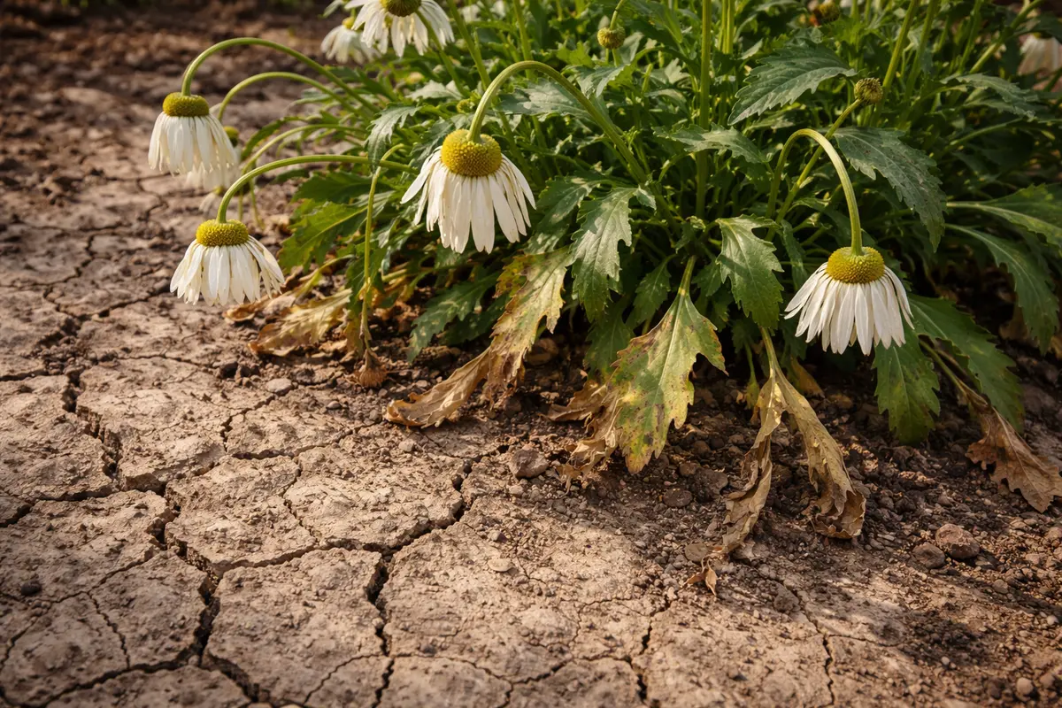 how to fix drooping flower with cracked dry soil around the plant