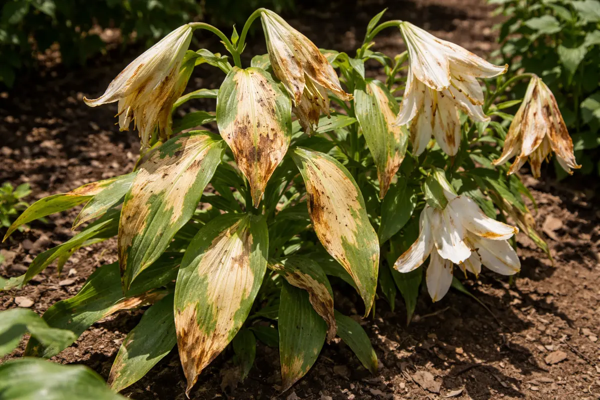 how to fix drooping lilies with scorched leaf edges in harsh sun
