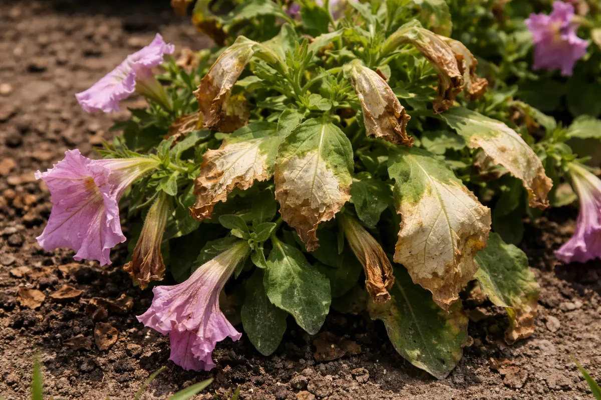 how to fix drooping petunias with scorched leaf edges in harsh sun