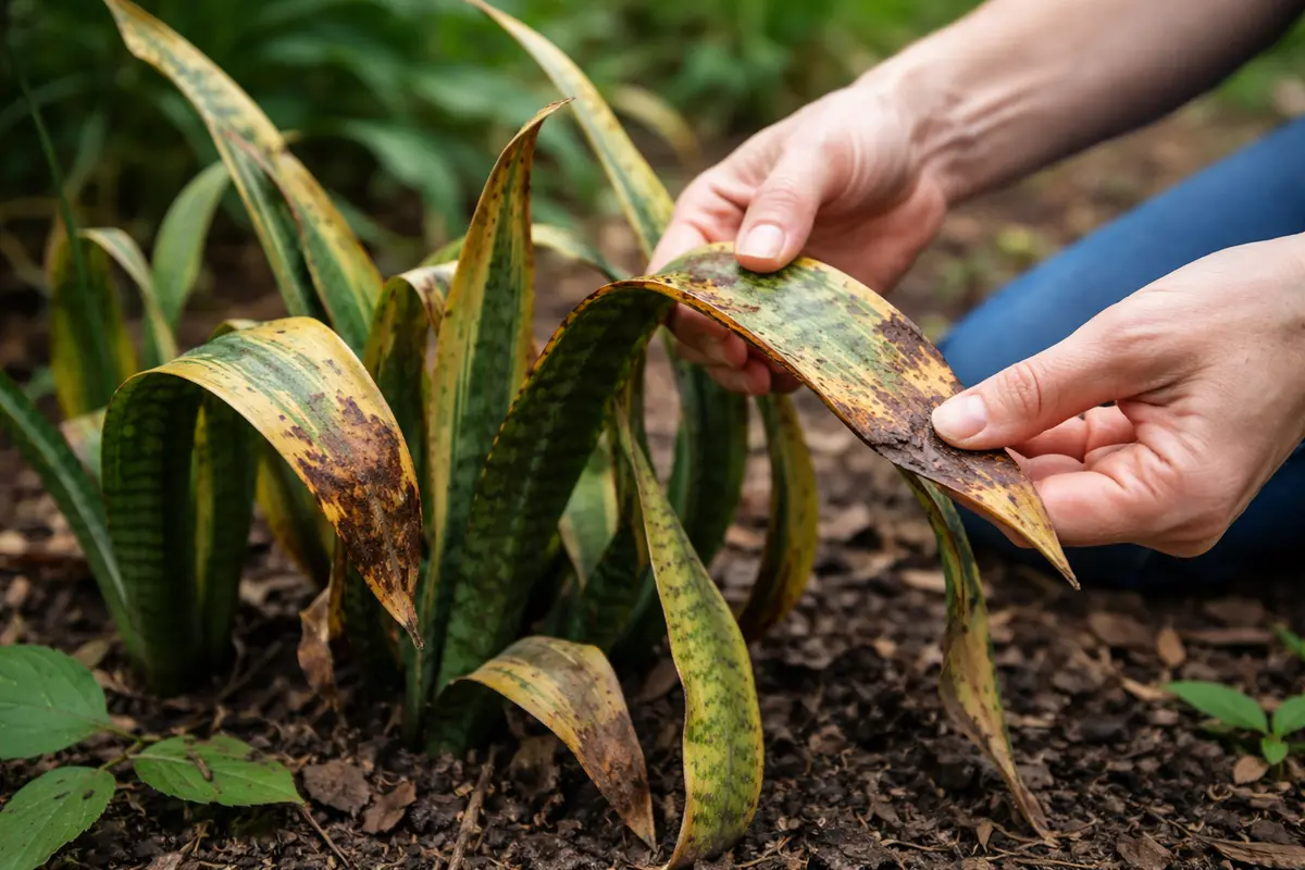 how to fix drooping snake plants with damaged foliage in outdoor soil