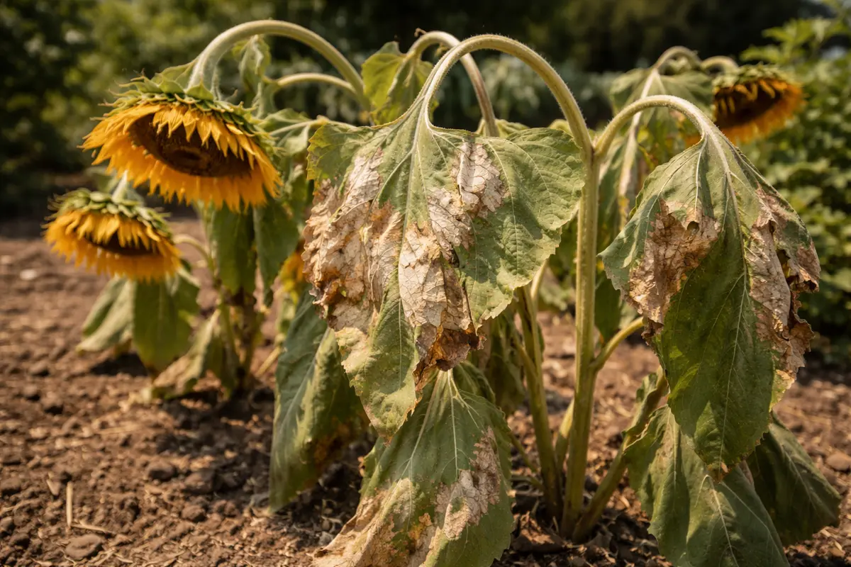 how to fix drooping sunflowers with scorched leaf edges in harsh sun