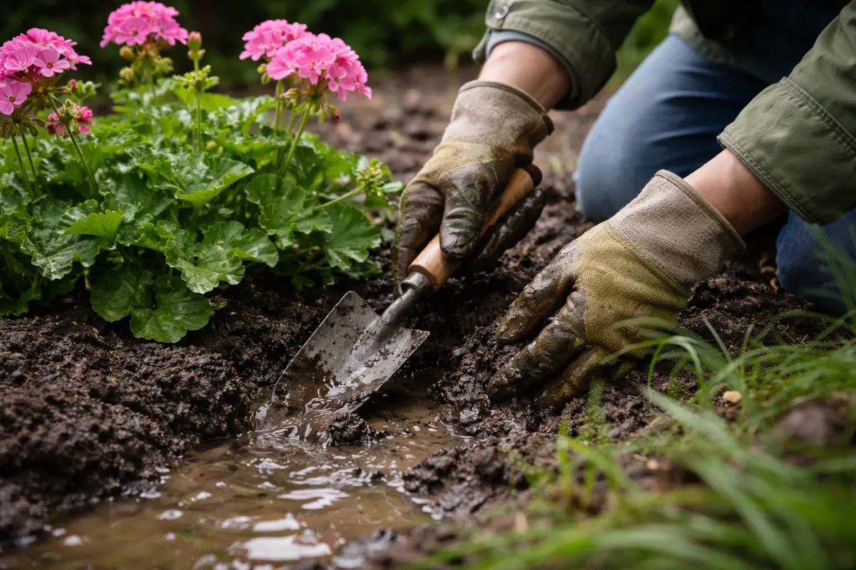 how to fix poor drainage around outdoor clear waterlogged soil around geraniums