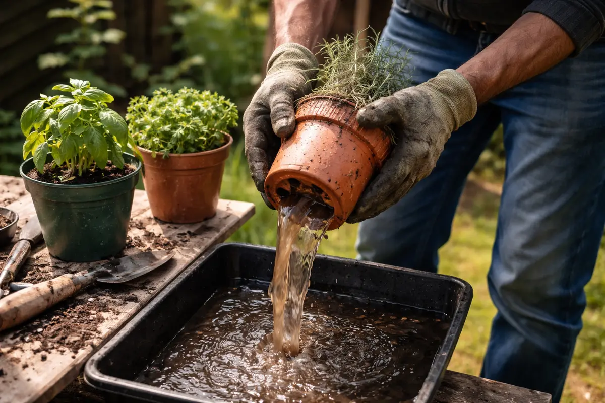how to fix root rot in remove excess water from herb pots