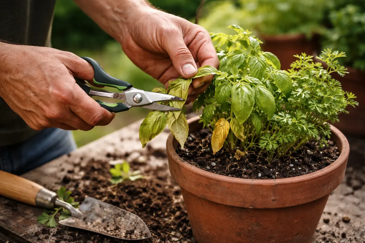 how to fix stunted growth in trim wilting leaves from potted herbs