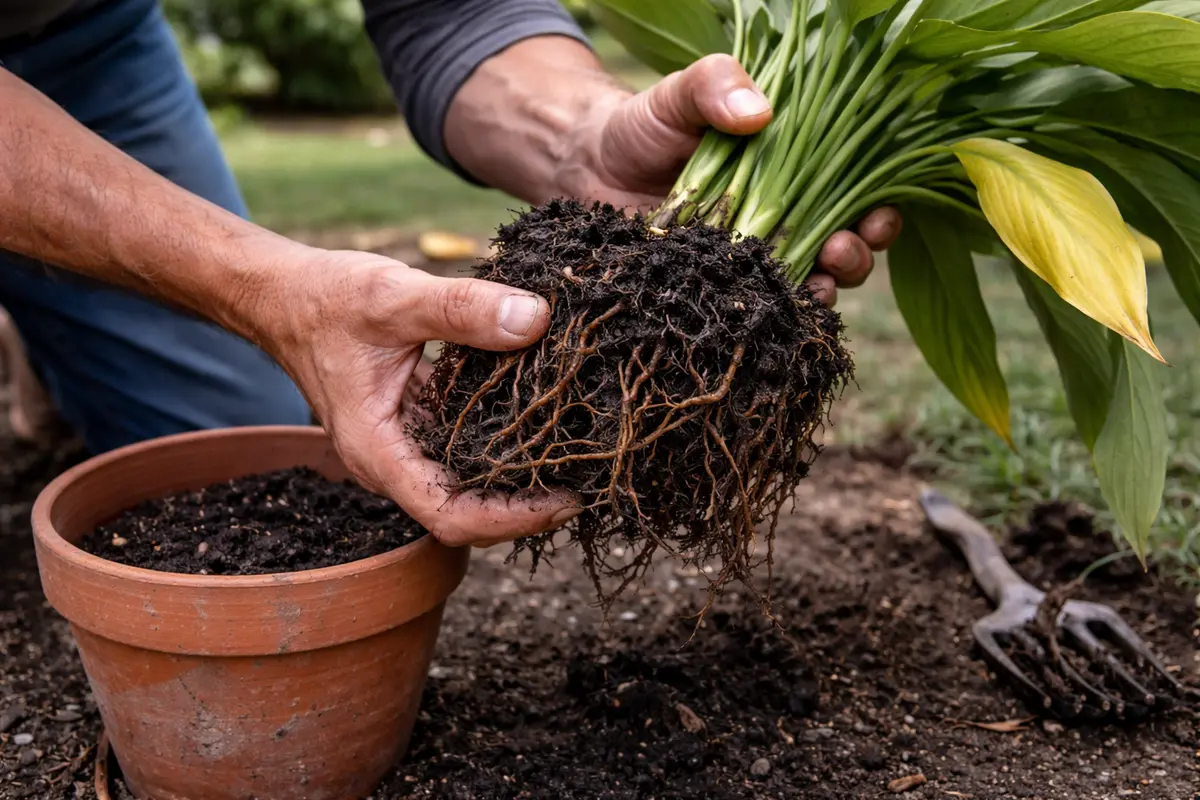 how to fix yellowing leaves inspect peace lily roots for overwatering signs