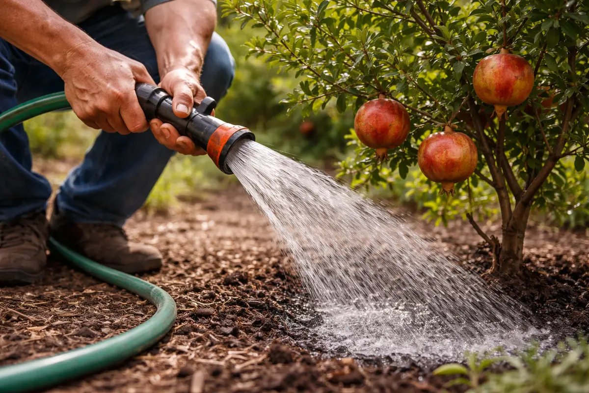 how to prevent fruit drop in water pomegranate trees thoroughly during drought