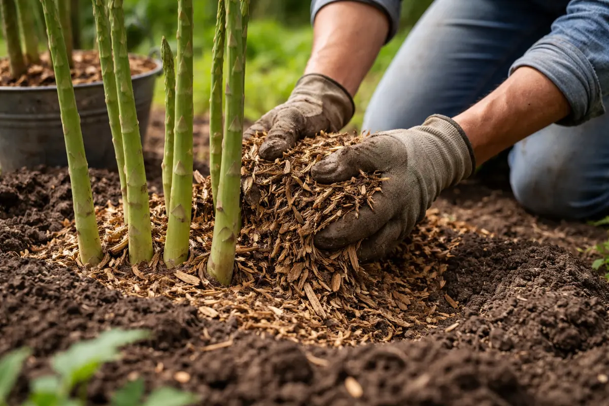 how to prevent fungal apply mulch to regulate soil humidity around asparagus