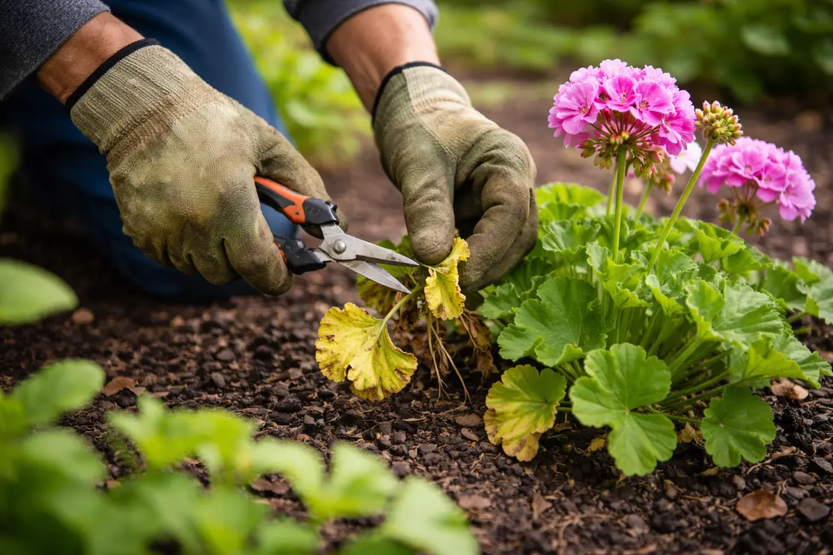how to prevent poor flowering in prune yellowing leaves on new geraniums