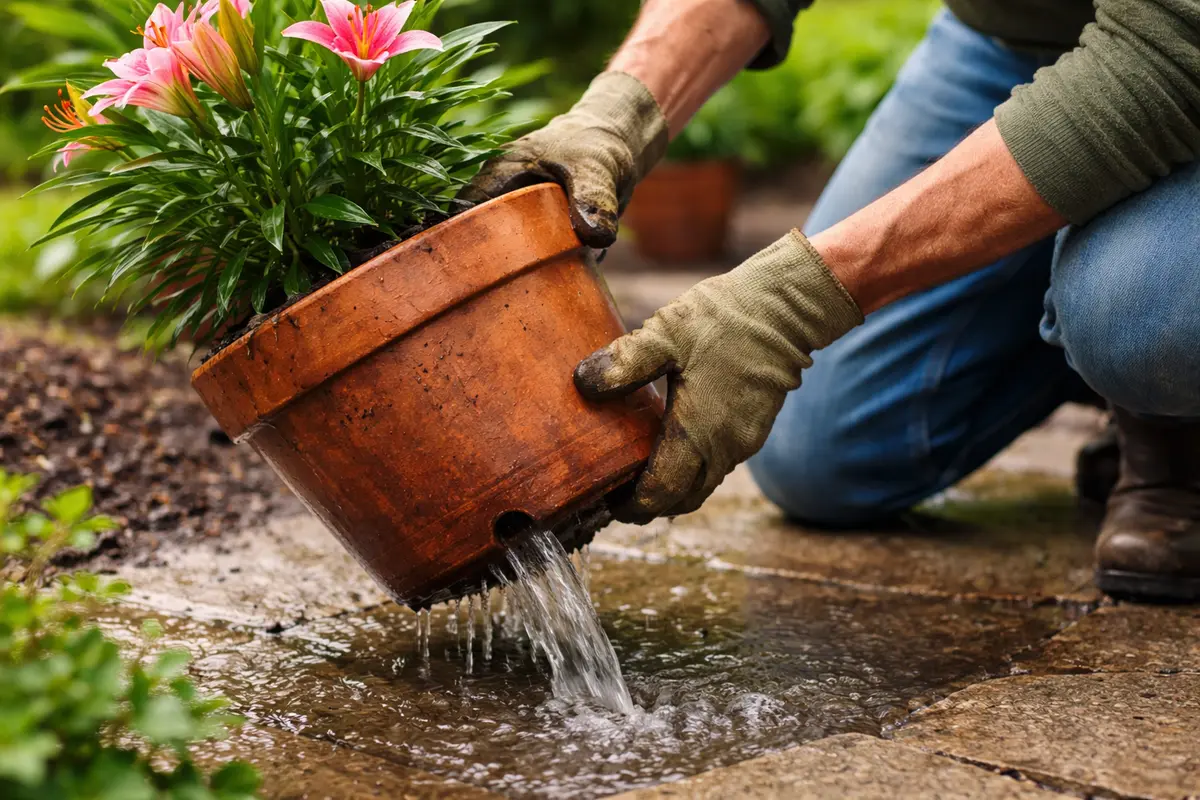 how to prevent root rot in clear excess water from potted lilies