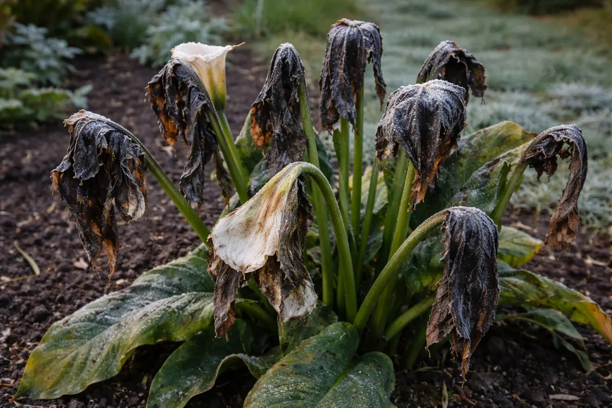 how to revive drooping calla lilies with cold-damaged leaves in the garden