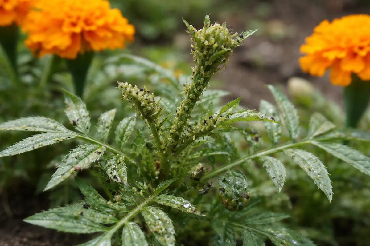 how to stop aphids on marigolds with pest damage visible on leaves