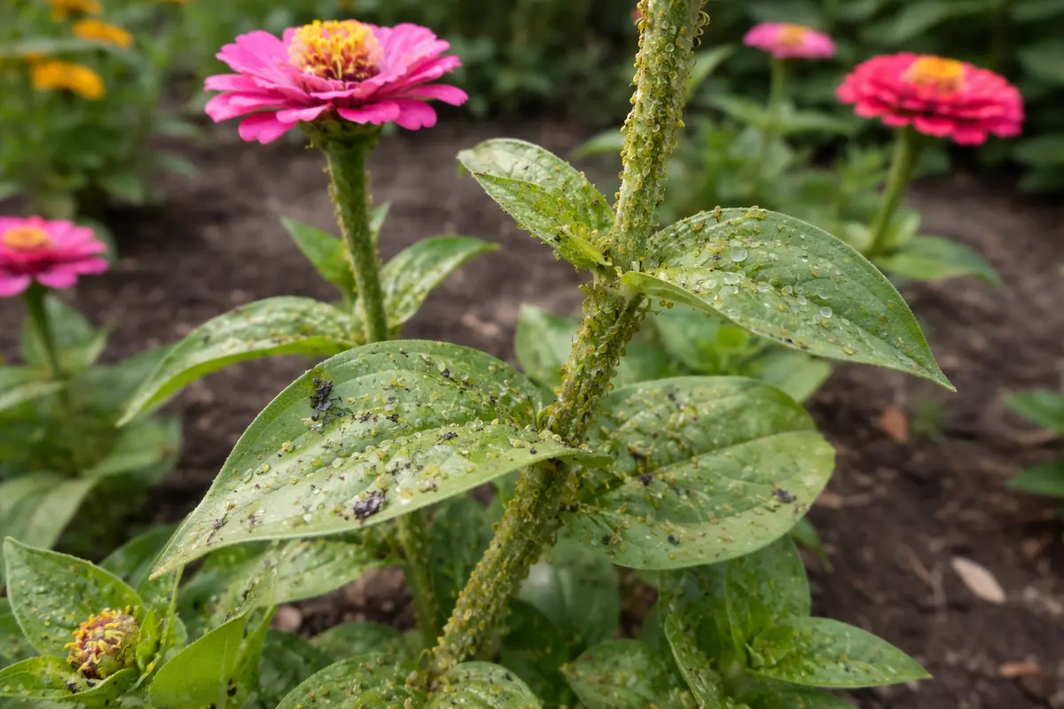 how to stop aphids on zinnia with pest damage visible on leaves