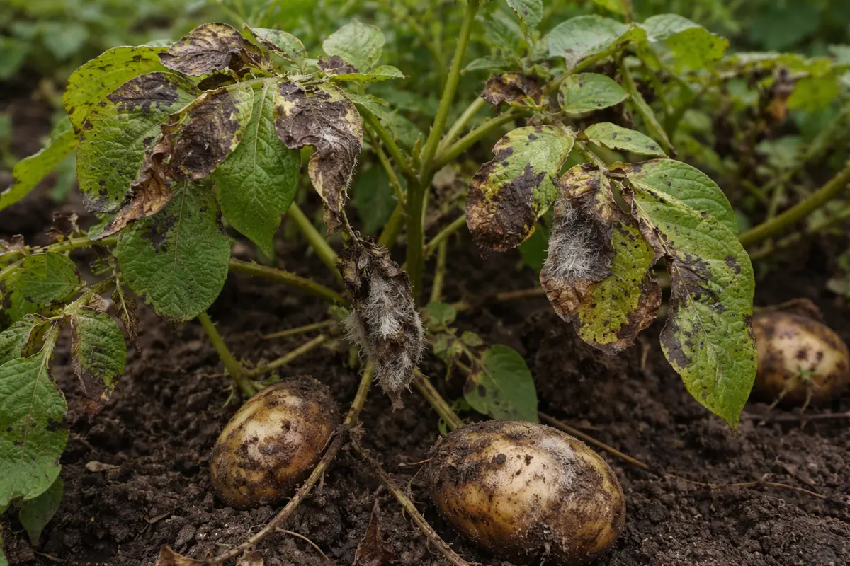 how to stop blight on potatoes with fungal patches visible on foliage