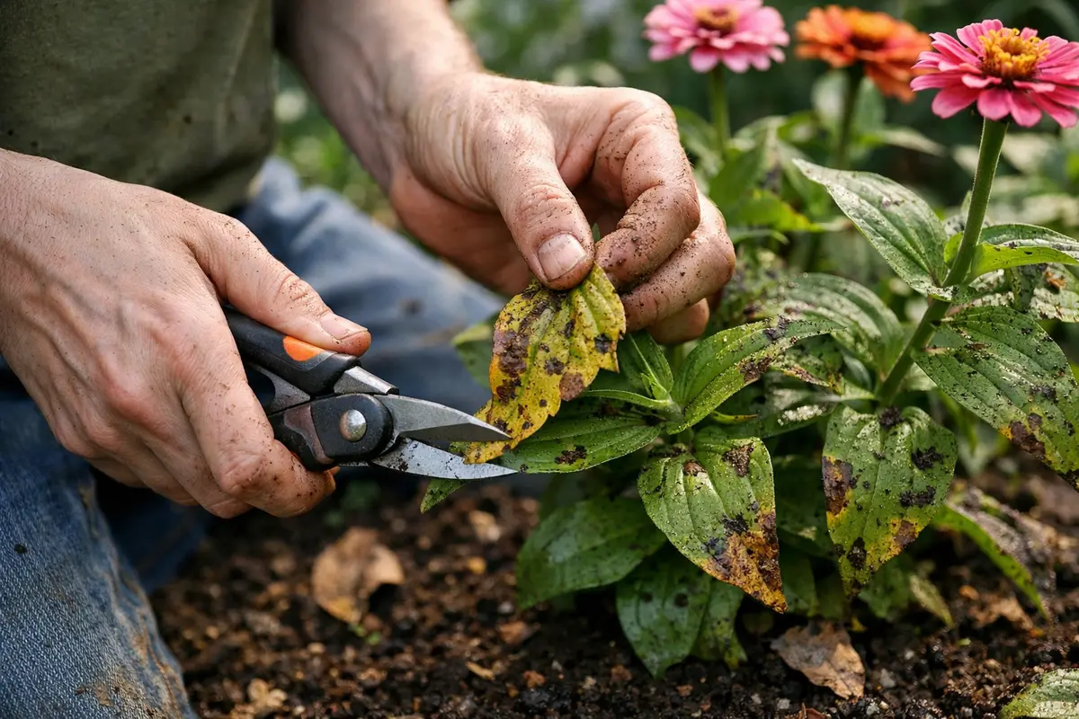 how to stop leaf spots on zinnias prune infected zinnia leaves immediately