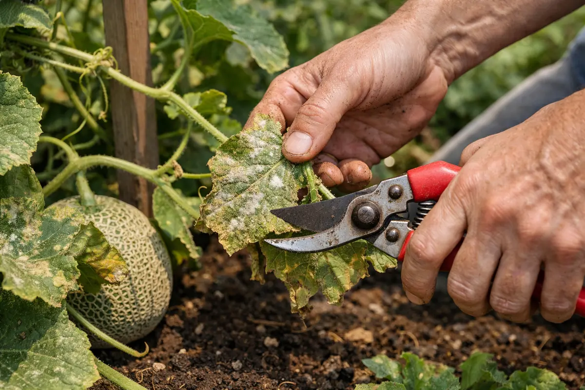 how to stop mildew on cantaloupe after prune infected cantaloupe leaves asap