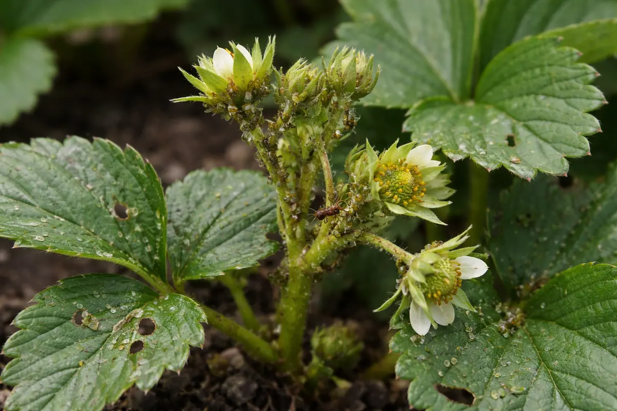 how to stop pests on strawberries with pest damage visible on leaves