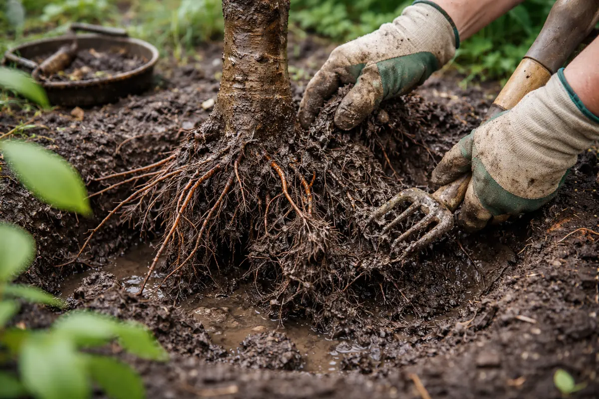 how to stop root rot in remove waterlogged soil from cherry roots