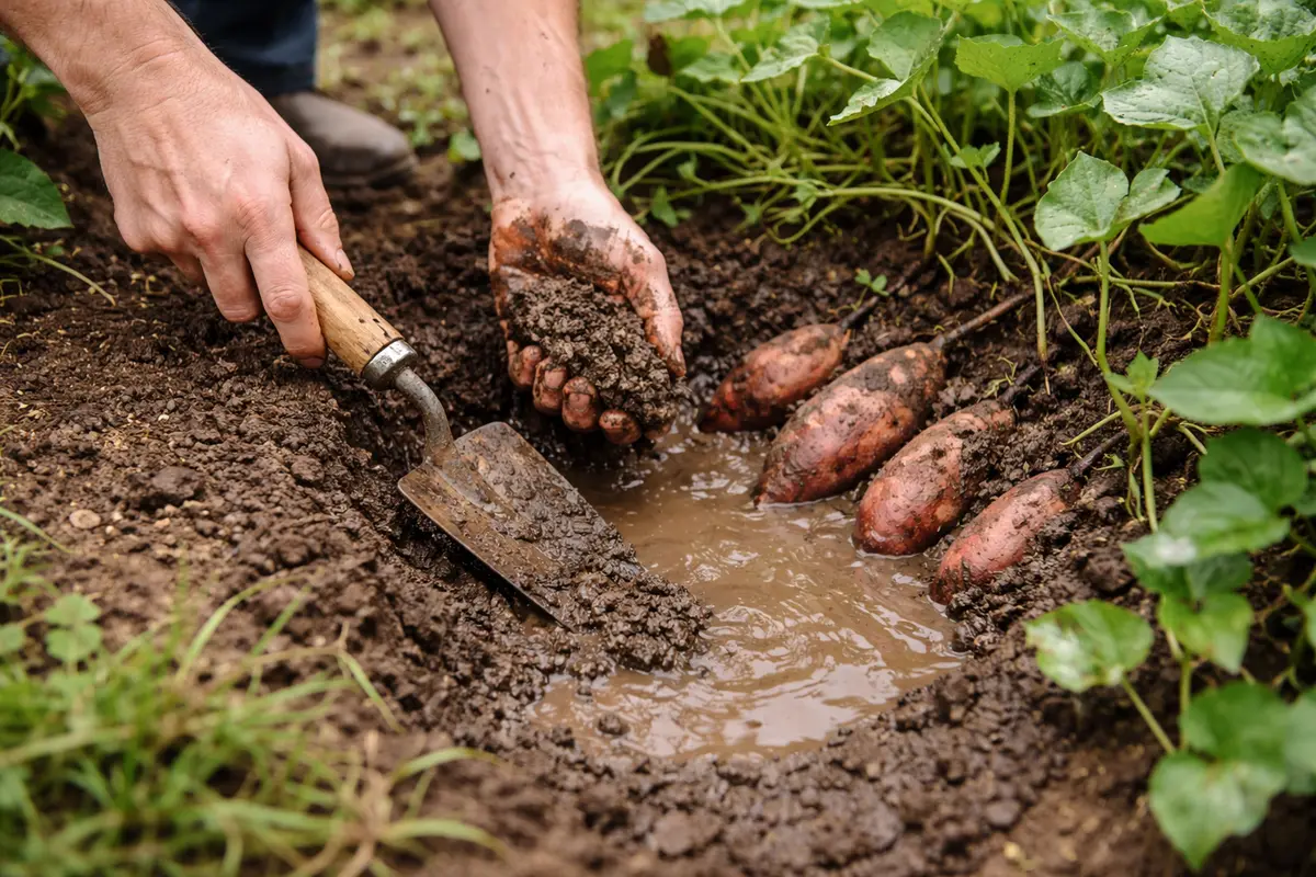 how to stop root rot remove excess waterlogged soil around sweet potatoes