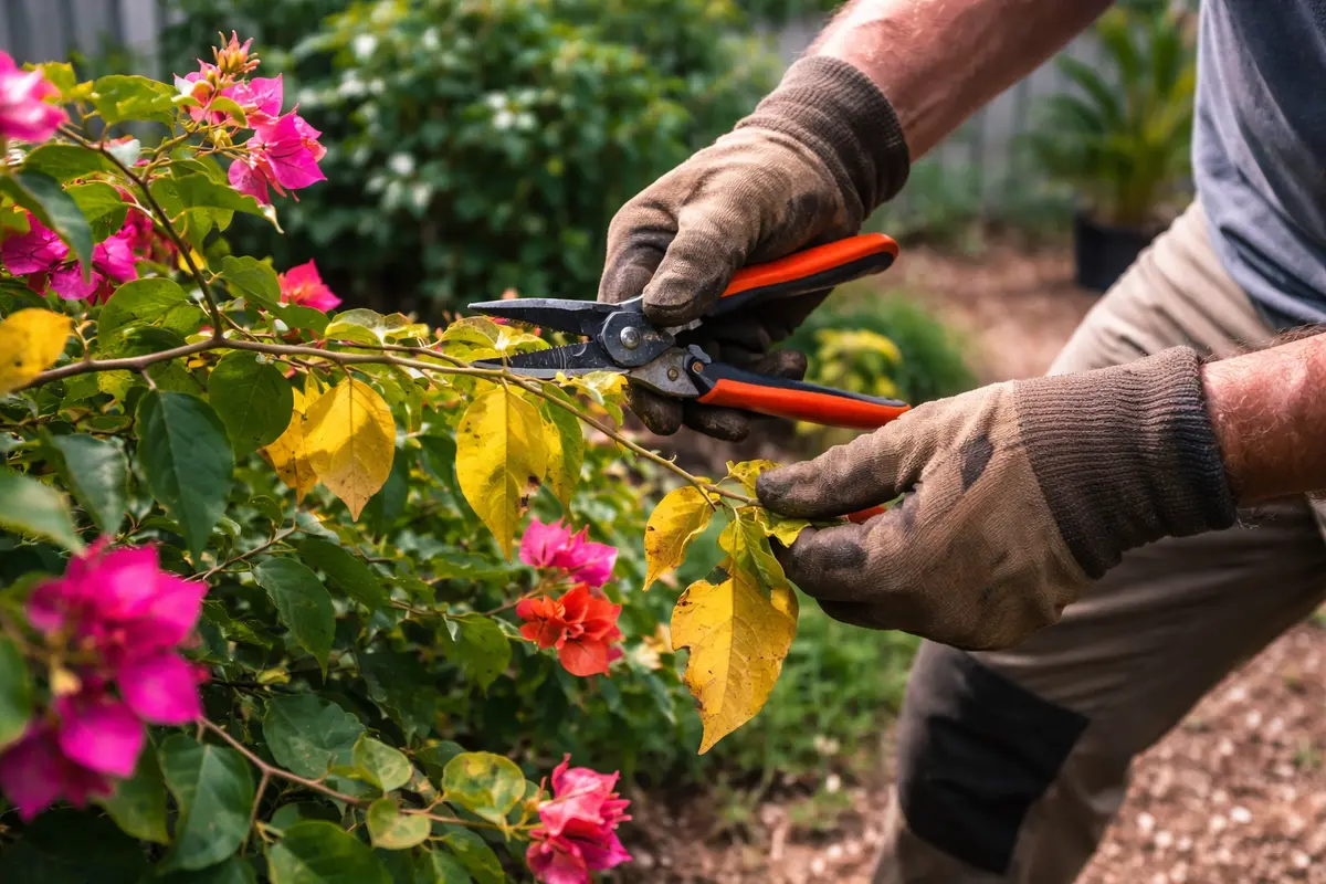 how to stop yellowing leaves on my trim affected bougainvillea branches now