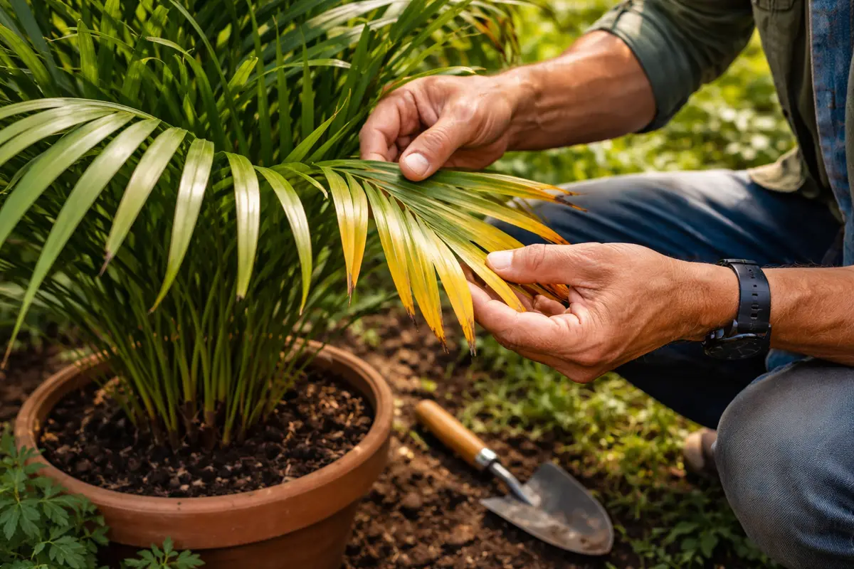 how to stop yellowing leaves on inspect palm leaves for recurrence weekly