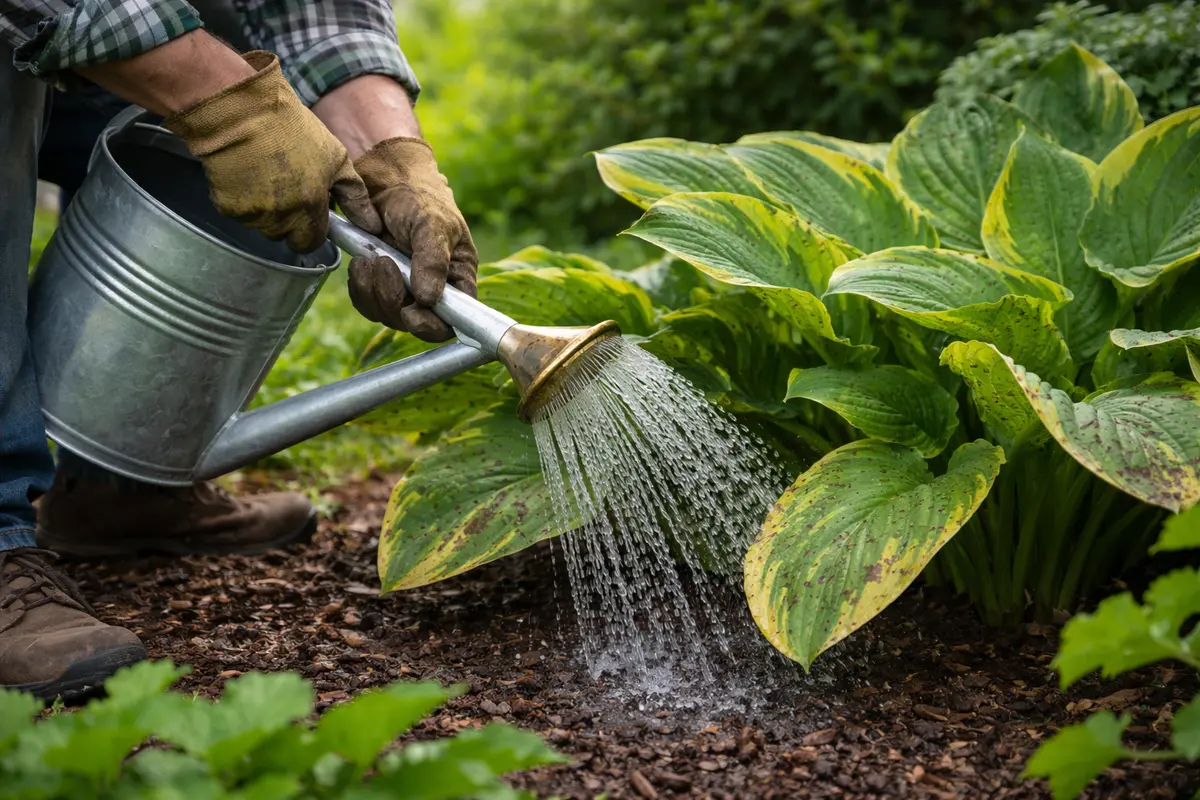 how to treat fungal spots water hostas at base during humid periods