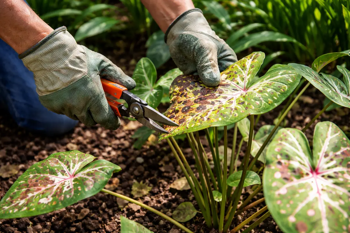 how to treat leaf spots on caladiums trim affected caladium leaves immediately