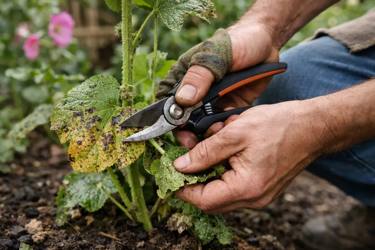 how to treat leaf spots on hollyhocks trim back affected hollyhock foliage