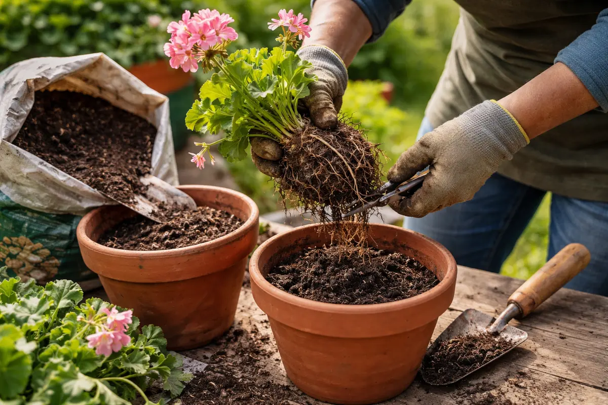 how to treat root rot in repot geraniums with fresh, dry soil