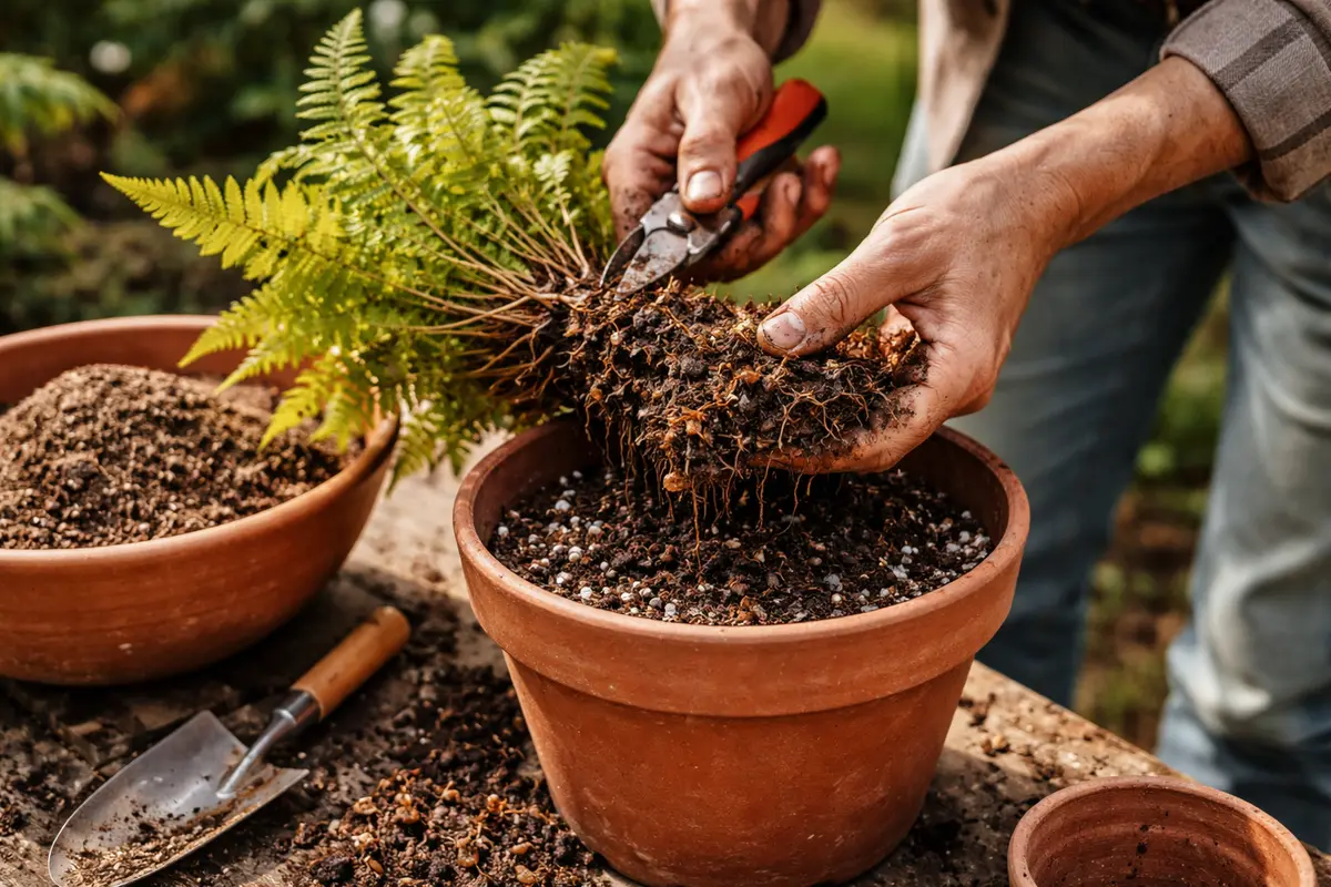 how to treat root rot in repot fern in dry, well-draining soil