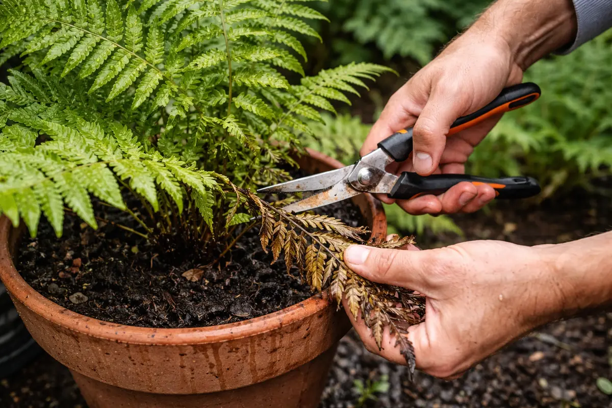 how to treat root rot in trim damaged fern leaves after rainfall
