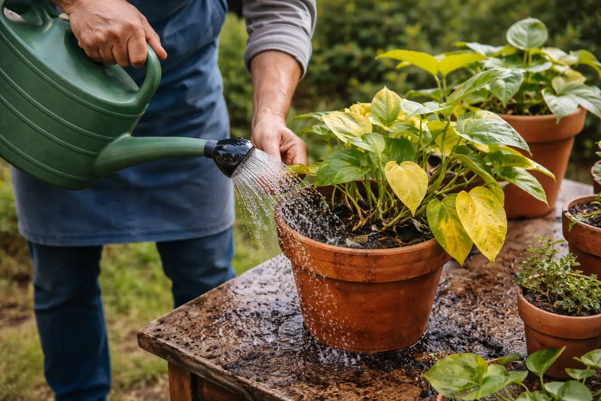 how to treat yellowing leaves water houseplants to flush out excess fertilizer