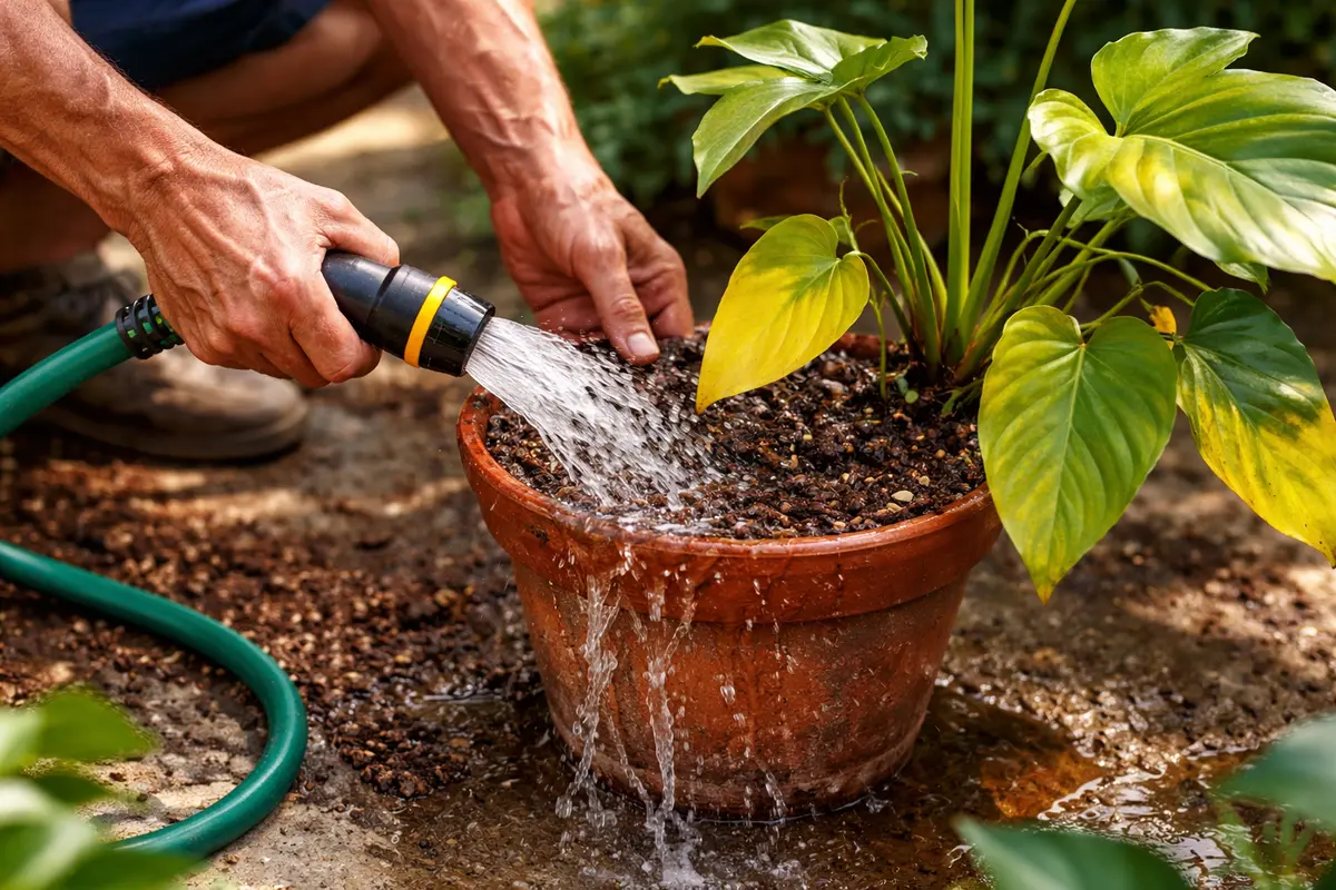 how to treat yellowing leaves flush philodendron soil to remove excess fertilizer