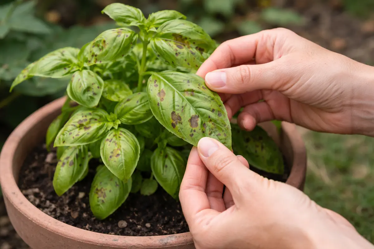 treating basil leaf spots in pots with damaged foliage in outdoor soil