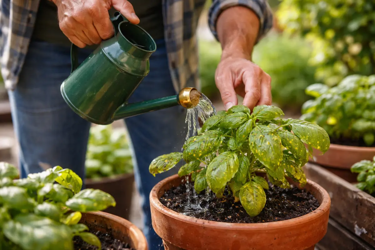 treating basil leaf spots in pots after hydrate basil to aid recovery