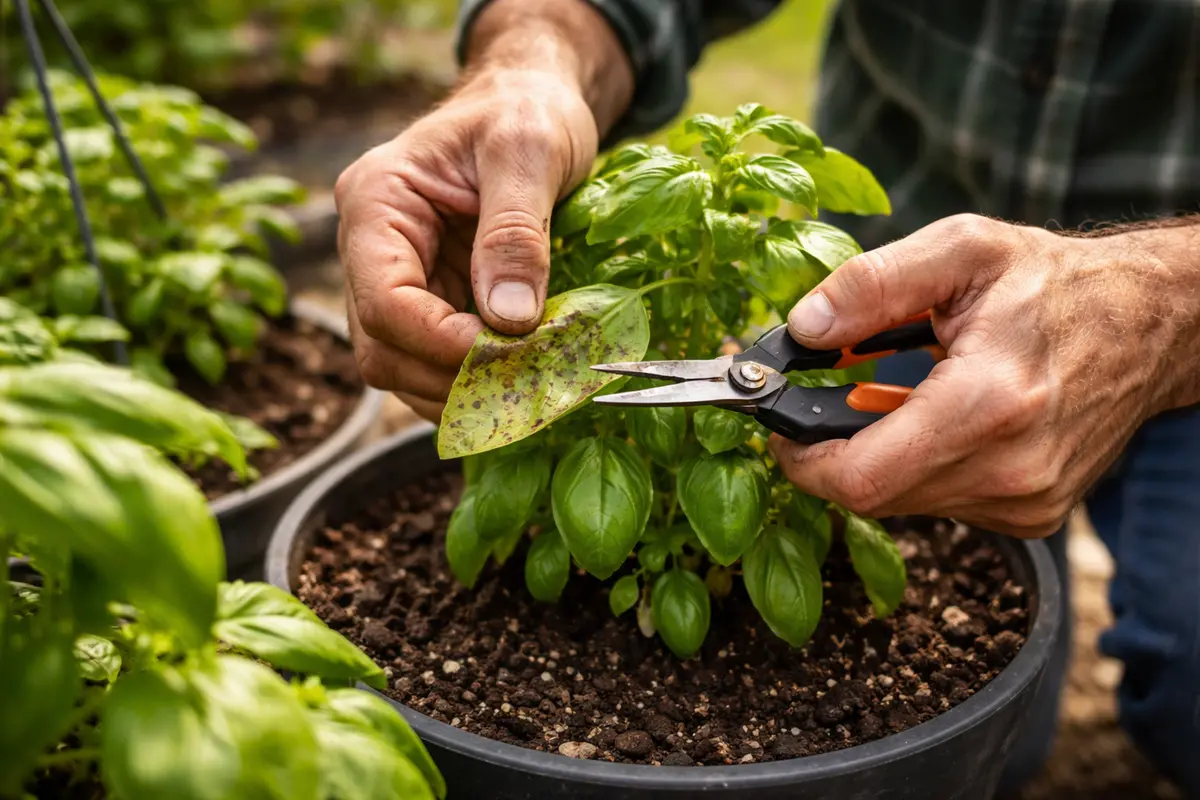 treating basil leaf spots in pots after trim affected basil leaves immediately