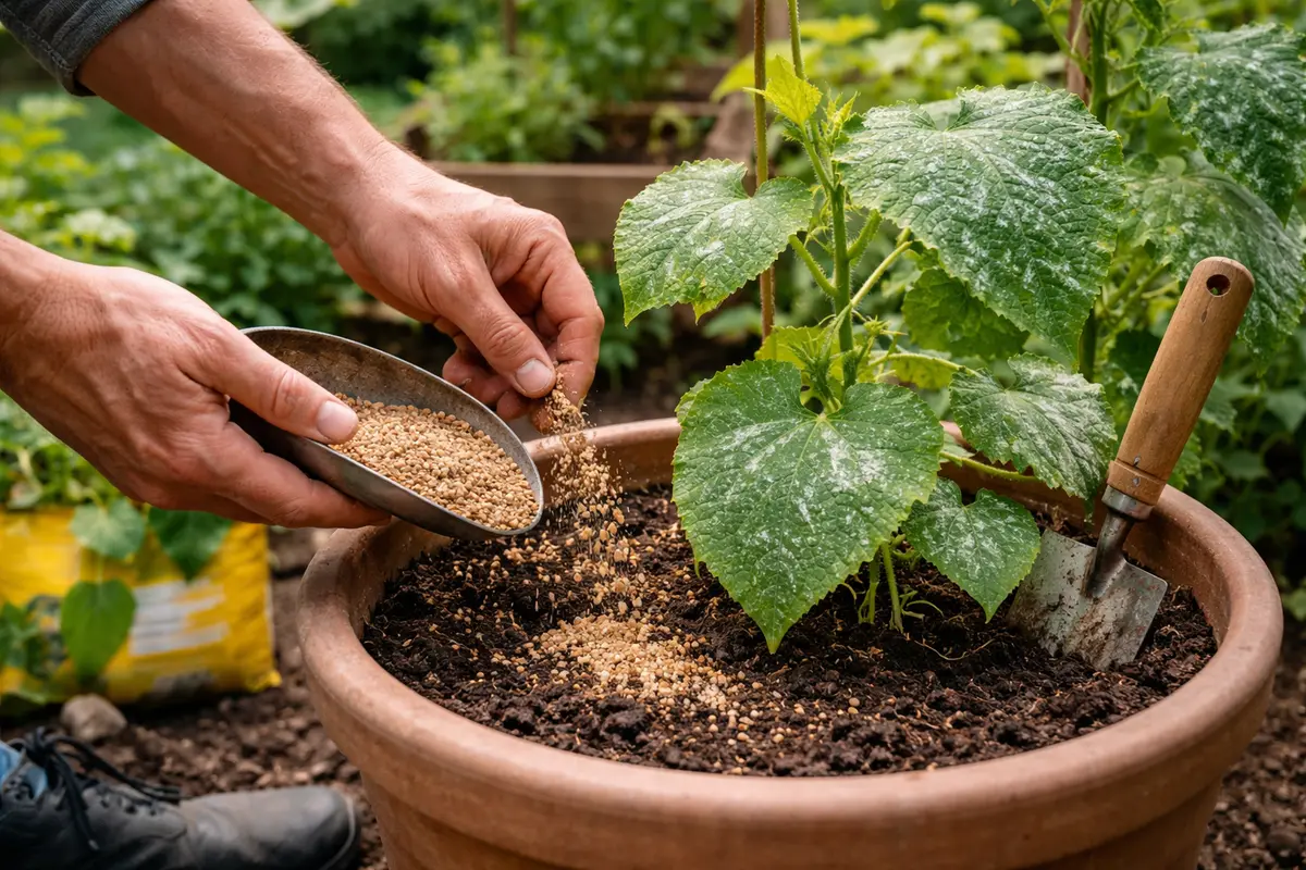 treating cucumbers for powdery mildew in apply organic fertilizer to revitalize cucumbers