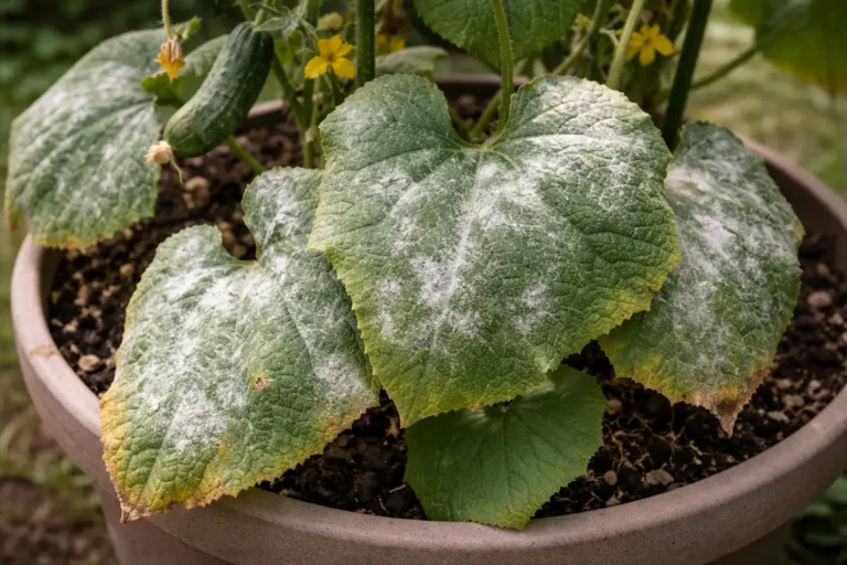 treating cucumbers for powdery mildew in with fungal patches visible on foliage